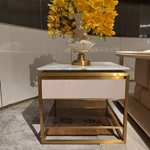 Square Marble-Top Sofa Side Table with Ribbed Drawer, Smoked Glass Shelf and Gold-Tone Stainless Steel Frame